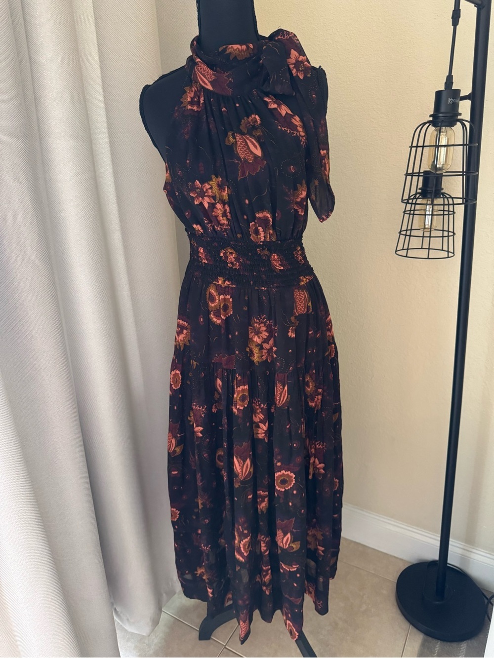 Ulla Johnson Silk Floral Halter Midi Dress Black Boho Luxe - Picture 2 of 12